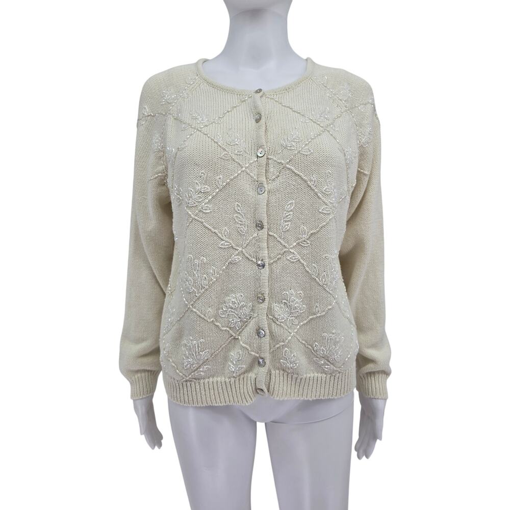 Vintage Y2K Grandmacore Tiara Beaded Cardigan Sweater Cream L